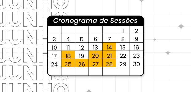 Calendário do mês de junho de 2024 com o cronograma das sessões plenárias.